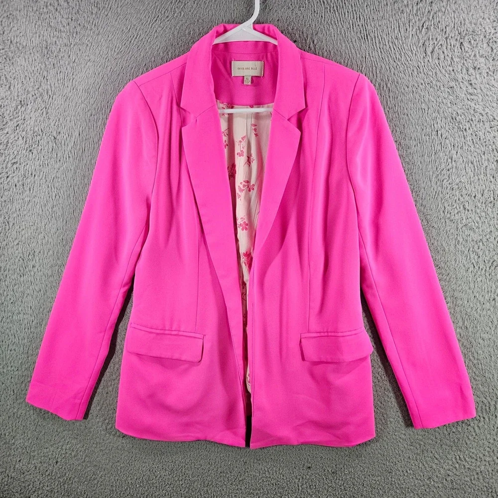 Skies Are Blue Hot‎ Pink Open Front Blazer Floral Lined XS